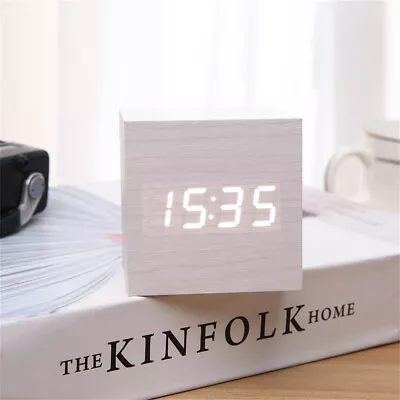 Wooden Digital LED Alarm Clock Voice Control Electronic Bedside Desktop Clocks • $18.62