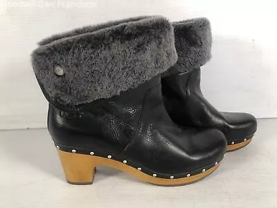 UGG Womens Lynnae Black Brown Leather Shearling Block Heel Boots Size 9 • $17.99