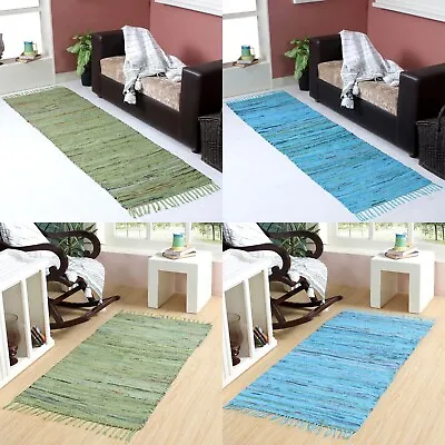 ⭐ Overdyed Cotton Braided Chindi Rag Rug Green Turquoise 60x90 70x140 60x200 • £16.99