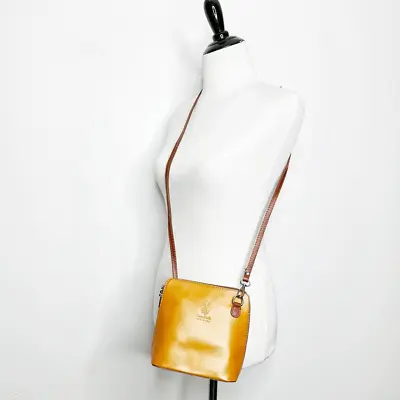 VERA PELLE Small CROSSBODY BAG YELLOW BROWN GENUINE ITALIAN HARD LEATHER ZIP • $24.50