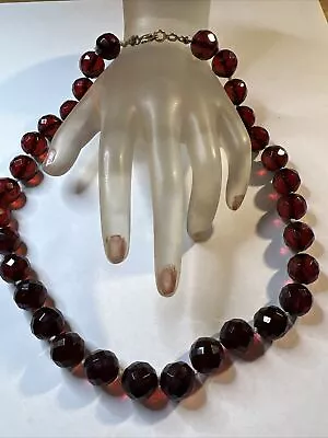 Vintage Dark Cherry Amber Bakelite Faceted Beads Gold Filled Necklace 33.5g • $299