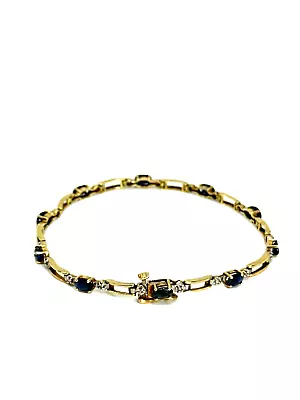 $135 • Buy 10K Solid Yellow Gold Natural Sapphire Diamond Tennis Link Bracelet Vtg 7.50 (B)