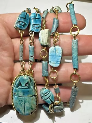 Vintage Turquoise Blue Alabaster Faience Scarab Pendant Chunky 32  Necklace • $44.09