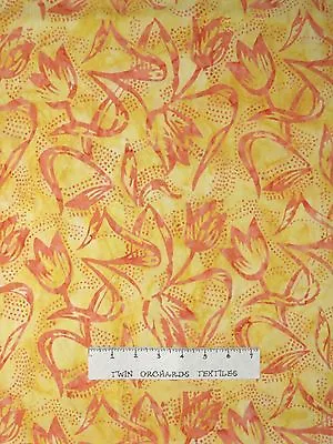 Tonga Batik Fabric - Peach Daffodil On Yellow - Timeless Treasures YARD • $9.49