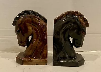 Vintage Hand Painted Ceramic Horse Head Bookends Set Of 2 Black & Brown 6.5”H • $19.99