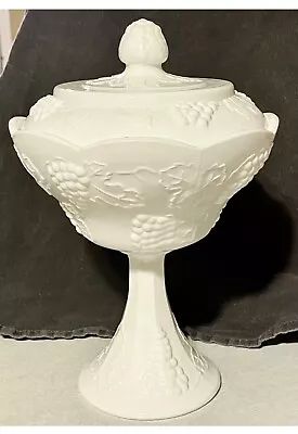 Vntg Indiana Milk Glass Pedestal Candy Dish/Compote W/lid Harvest Grape Design • $12.50