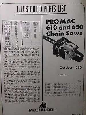 McCulloch Chain Saw PRO MAC 610 650 Parts Manual 2-Cycle Gasoline Chainsaw 1980 • $59.82