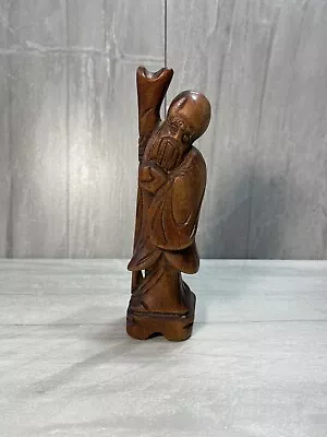 Vintage Wood Carved Asian Man Statue Elderly W/Staff To Side On Footed Base 6” • $24.99