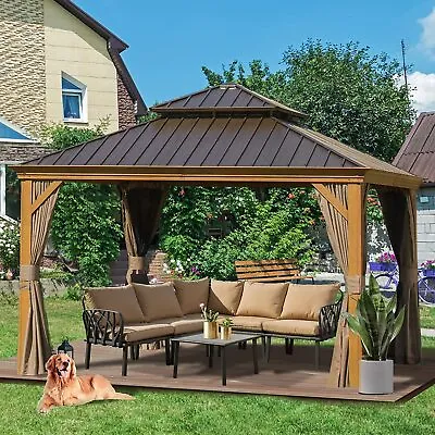 Domi 12' X 12' Hardtop Gazebo Outdoor Aluminum Gazebos Wood Grain Double Canopy • $1329.98