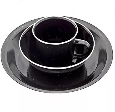 Black Enamel Camping Food Set Mug Bowl Plate Cup Hiking Festival Fishing Dining • £11.99