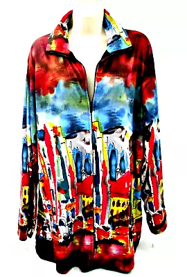 NWT Michael Leu Art To Wear City Scape/Horse & Buggy Zip Up Knit Jacket Top 2X • $39.99