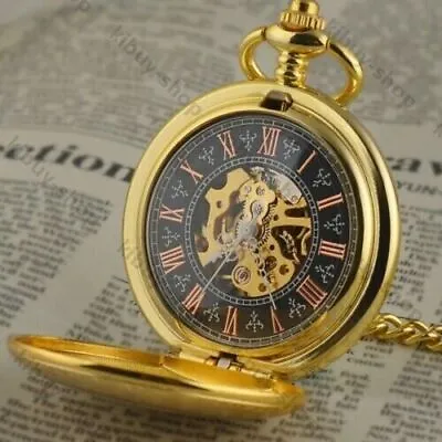 Mens Vintage Mechanical Pocket Watch With Fob Chain Luxury Gold Case Hand Wind • £17.69