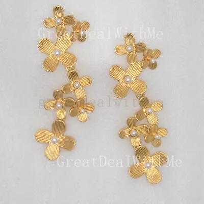 Oscar De La Renta Pearl Flower Gold Matte Drop Dangle Post Earring Vtg For Women • $29.99