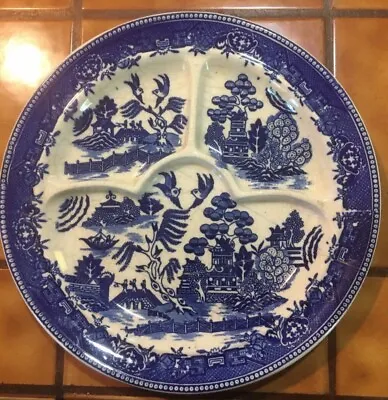 Vintage 10.75  BLUE WILLOW Divided GRILL PLATE Curved Sections Moriyama Japan • $23