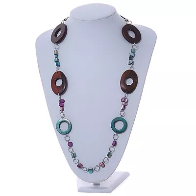 Wood And Shell Cotton Cord Necklace (Teal/ Brown/ Fuchsia) - 94cm L • £11.90