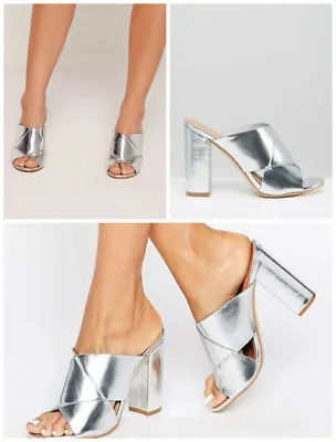 £8.99 • Buy Missguided Cross Strap Block Heeled Sandals Shoes In Silver Colour