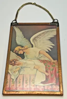 VINTAGE CHRISTMAS ANGEL Metal Framed GIFT TAG Of GUARDIAN ANGEL AT NIGHT! • $27.95