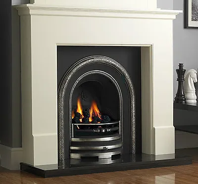 Gas Cast Iron Arch Black Granite Cream Ivory Surround Coal Fire Fireplace Suite • £1012