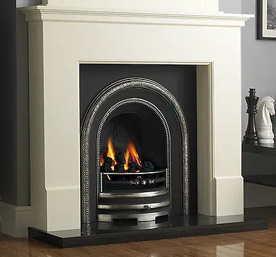 Gas Cast Iron Arched Cream Ivory Surround Coal Fire Fireplace Suite + Mirror • £1205