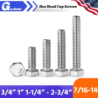 7/16 -14 Hex Head Cap Screws / Bolts SAE Thread A2 Stainless Steel DIN 933 • $8.81