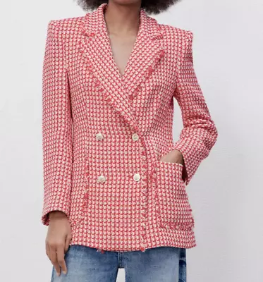 Nwt Zara Textured Tailored Double Breasted Blazer Jacket Red White Sz M 2443/148 • $69