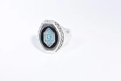 Vintage Southwestern Mens Ring Silver Bronze Genuine Turquoise Inlay Size 12.5 • $44