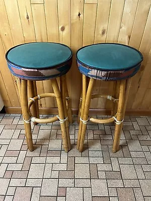 Mid Century Modern Vintage Paul Frankl Style Bamboo Rattan Tiki Bar Stools Pair • $150