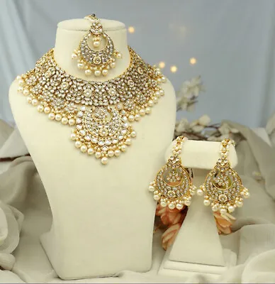 Indian Bridal Kundan Jewelry Set - Necklace Maang Tika & Earings • $150