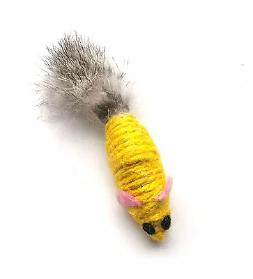 Sisal Mouse Cat Toy- Real Rabbit Fur Tail - Yellow • $3.99