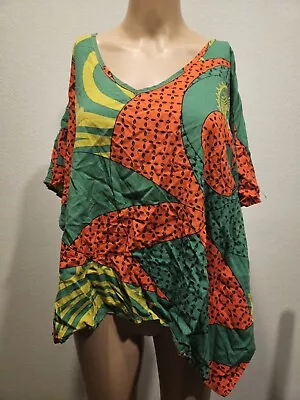MANUHEALII Green Red Rayon Hawaiian Shirt Blouse Flowy Top Women - Size M / L • $25