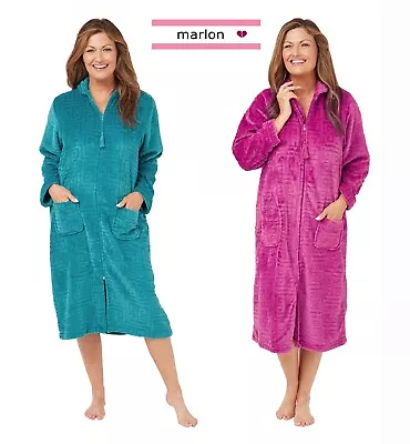 Ladies Womens Soft Feel Embossed Zip Front Fleece Dressing Gown Housecoat Robe • £29.99