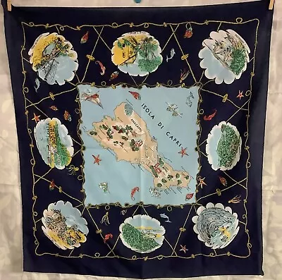 VINTAGE Italian CAPRI SOUVENIR Scarf Maps Tourist Scenes 1960s 1970s Nautical • £4