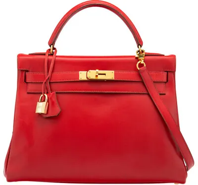 Hermès Vintage 32cm Rouge Vif Tadelakt Leather Retourne Kelly Bag • $8750