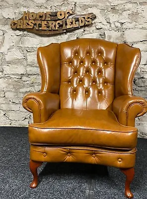 Queen Anne Wing-back Armchair Tan Leather • £550