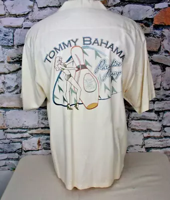 TOMMY BAHAMA Hawaiian Shirt Beige All  Silk Embroidered Bowl Me Over Large • $25.97