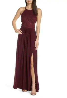 Morgan & Co Women 7 Burgundy Purple Strappy Back Sequin Lace Evening Dress Gown • $18.61