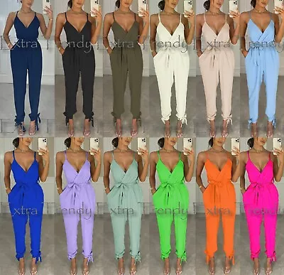 Women's V Neck Wrap Over Ankle Tie Waist Jumpsuit Ladies Harem Wide Leg Playsuit • £16.95