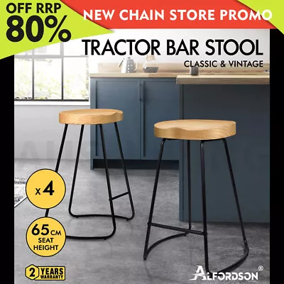 $279.85 • Buy ALFORDSON 4x Bar Stools 65cm Tractor Kitchen Wooden Vintage Chair Natural