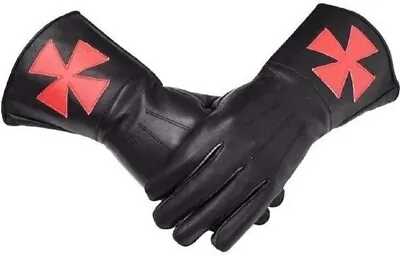 Masonic Regalia Knight Templar Black Gauntlets Red Cross Soft Leather Gloves • $55.19