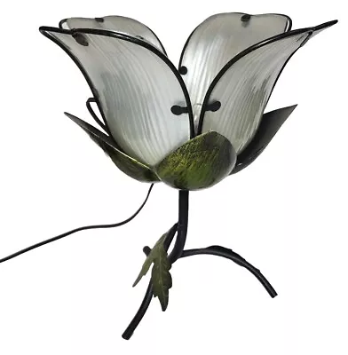 White Flower Lamp Light Accent Table Metal Glass Lily Retro Art Piece 12  X 11  • $89