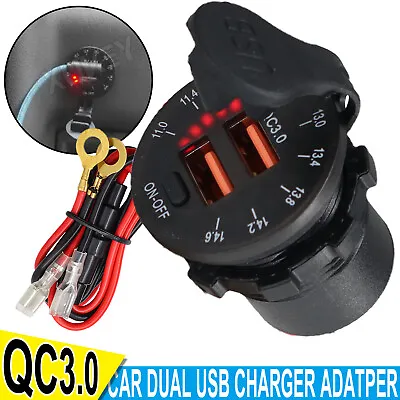 Car Dual USB Charger 12V QC3.0 Fast Charge Power Outlet Socket Digital Voltmeter • £9.49