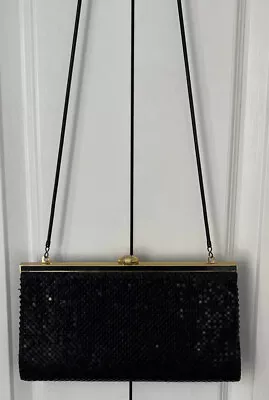 VTG New York  Paris Purse Clutch Crossbody Metal Mesh Black Gold 11x6 USA Z67 • $39.95