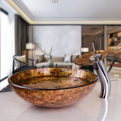 £145 • Buy Hand Painted Tempered Glass Basin Sink Bowl & Glass Waterfall Tap Bathroom