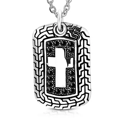 Stainless Steel Black CZ Religious Cross Dog Tag Mens Pendant Necklace 24  • $19.99