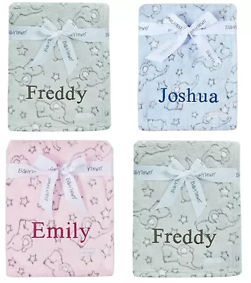 Baby Girl Boy Personalised Elephant Baby Blanket Blue Pink Grey Any Name • £10.95