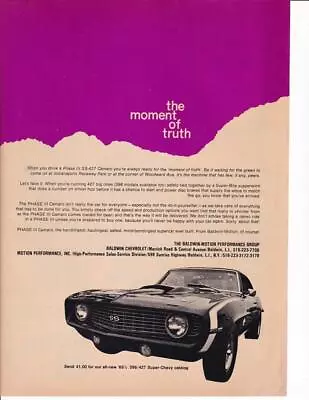 VERY RARE 1969 Baldwin SS-427 Camaro Print-Ad / Motion Performance • $9.95