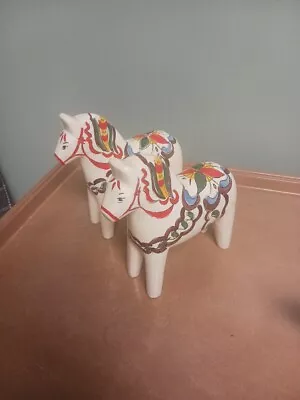 2 Vintage Ceramic Dala Horse Scandinavian Figure 7” Hand Painted In Brazil • £61.76