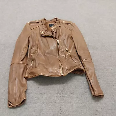 Zara Basic Womens Size Large Long Sleeve Brown Full Zip Faux Leather Moto Jacket • $28.88