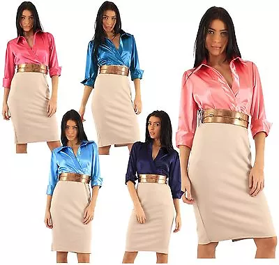 New Ladies Wrap Shirt Rope Ties Belted 2 In 1 Cut Back Skirt Office Dress 4-10 • $40.99