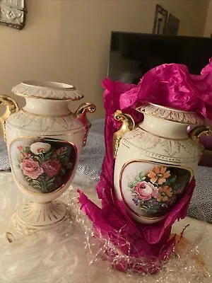 Pair Of Vintage Italian Capodimonte Double Handled Vases With Lids Ca. 1891 • $49.95